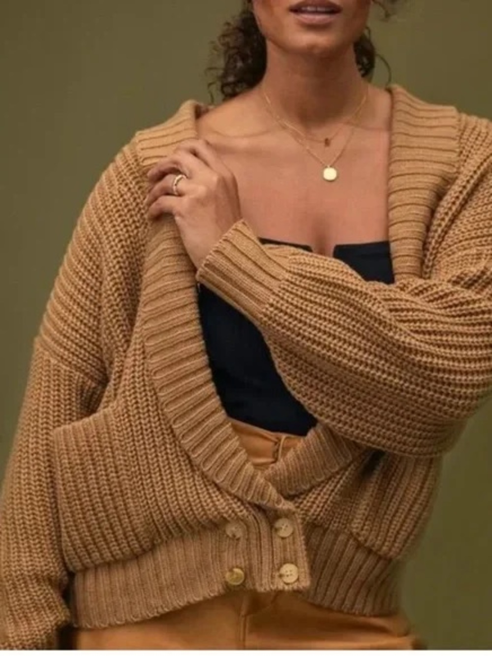 Anthropologie Wool Blend Shawl Collar Button Cropped Cardigan Camel XS Pockets